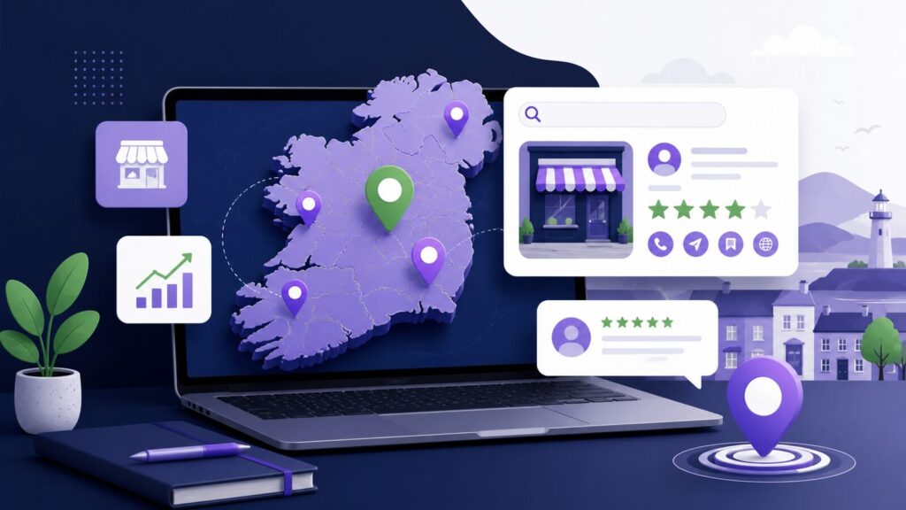 Illustration of local SEO with an Ireland map, local listings and reviews